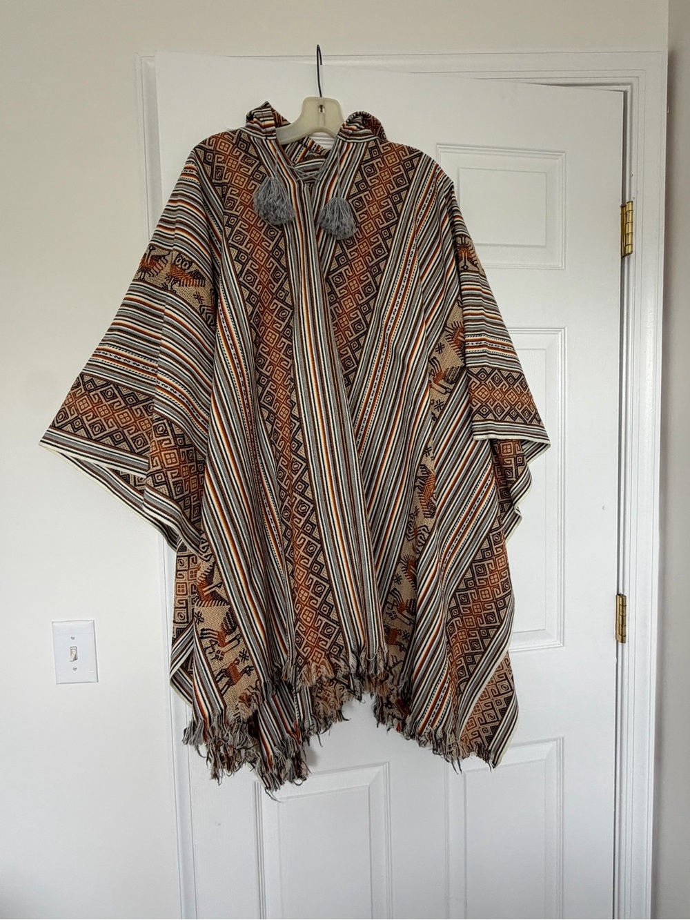 Boho Striped Hooded Poncho in Brown and Cream